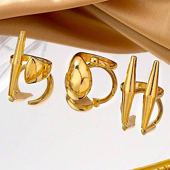 Three Piece Gold Irregular Punk Open Rings Adjustable Resizable - Picture 4 of 7